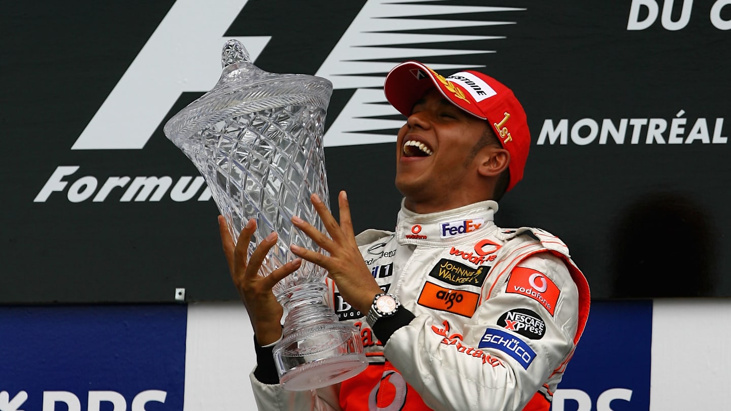 MONTREAL, QC - JUNE 10: Lewis Hamilton of Great Britain and McLaren Mercedes celebrates winning